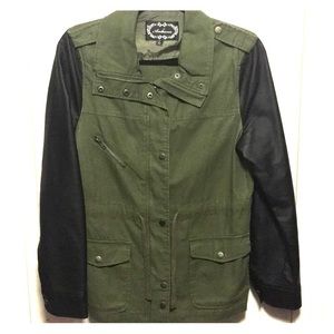 Green Military Jacket with Faux Leather Sleeves